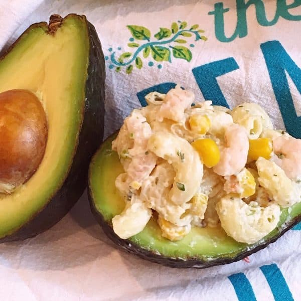 Avocado half stuffed with Mexican Seafood Pasta salad