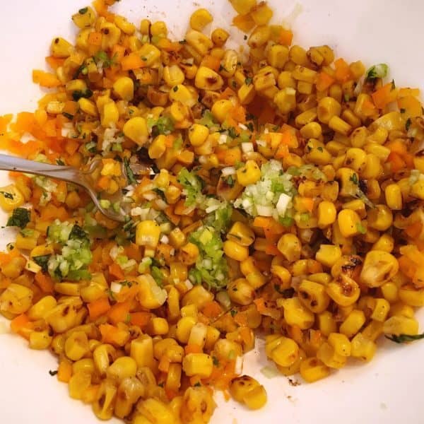 Roasted Corn and Chopped veggies in large mixing bowl.
