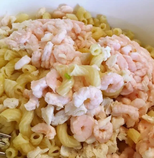 Shrimp, Crab, and booked macaroni for the Mexican Seafood Pasta Salad.