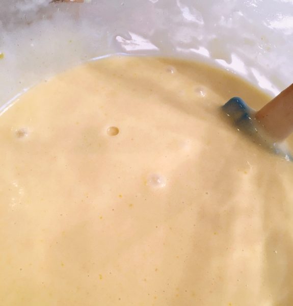 Vanilla Cake batter in mixing bowl