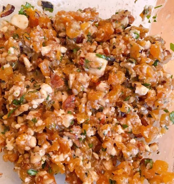 Apricot bruschetta in a bowl ready to chill.