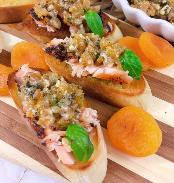 Close up of Grilled Salmon and Apricot Bruschetta 