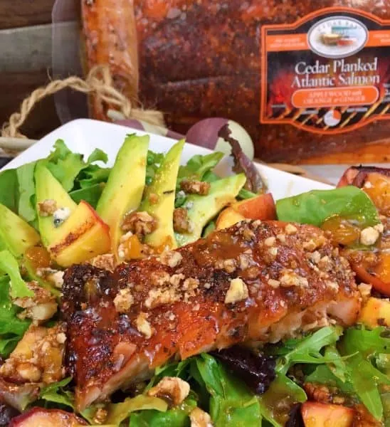 Grilled Salmon and Peach Salad with salmon label
