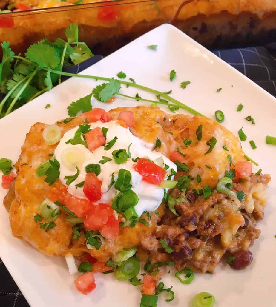 Mexican Tater Tot Casserole on a plate ready to eat!