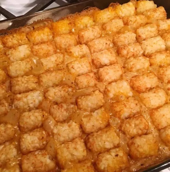 Baked Tater Tot casserole right before adding cheese.