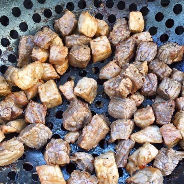 Grilled Pork and Steak in grilling basket