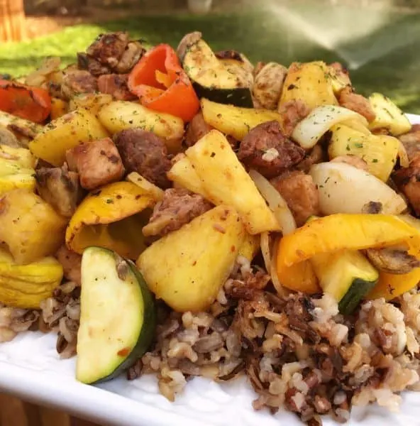 Steak & Pork Unkabobs on a bed of wild rice