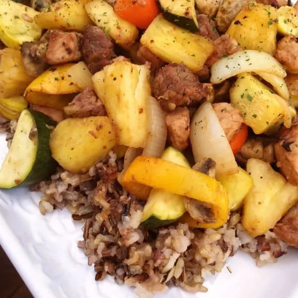 Close up of grilled veggies and fruit