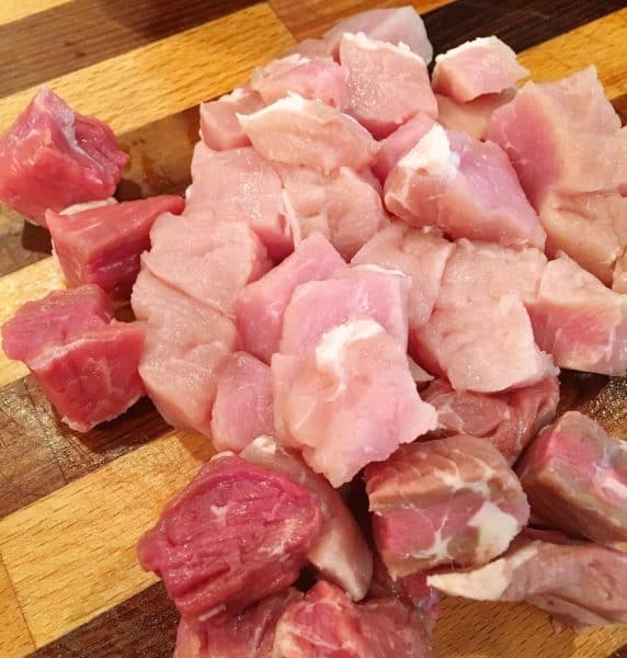 Diced Pork and Steak on cutting board