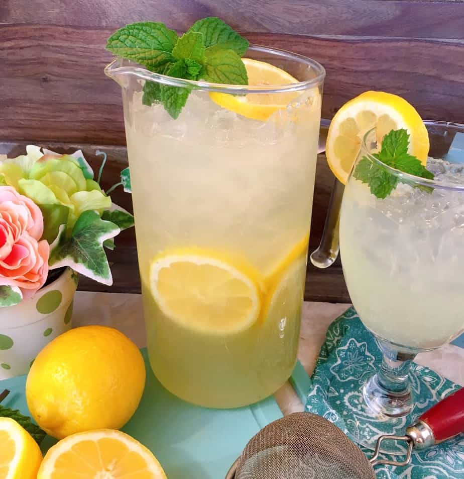 tall pitcher of fresh homemade lemonade