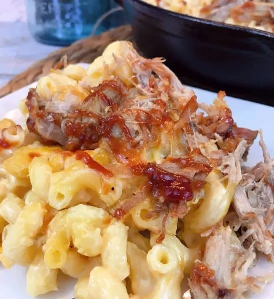 Serving of Macaroni and Cheese with Pulled pork