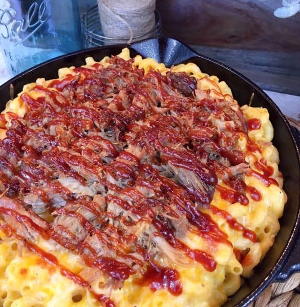 Leftover BBQ pulled pork with macaroni and cheese.