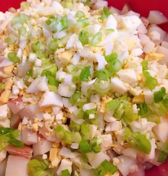 Large bowl filled with potatoes, eggs, celery and onion