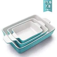 Bakeware Set, Krokori Rectangular Baking Pan Ceramic Glaze Baking Dish for Cooking, Kitchen, Cake Dinner, Banquet and Daily Use, 11.6 x 7.8 Inches of Aquamarine, 3 Pack of Rectangular