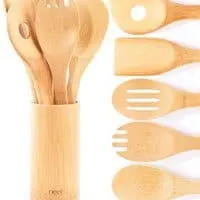 Organic Bamboo Cooking & Serving Utensil Set By Neet - 6 Piece Set | Spoon & Spatula Mix | Utensil Holder Organizer | Non Stick Wooden Kitchen Gadgets | Great Gift For Chefs & Foodies