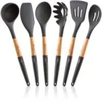 Silicone Cooking Utensils Set (6 pcs): Natural Wood Kitchen Utensils – Eco Friendly & BPA Free, Non Scratch & Non Stick Easy Grip Cooking Tools