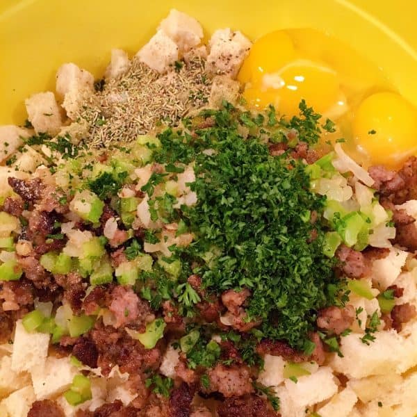 Bowl full of stuffing ingredients