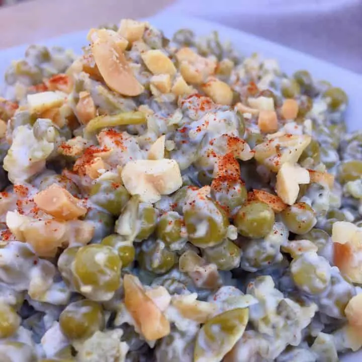 Grandma's Pea Salad with Peanuts in a serving bowl