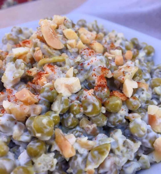 Grandma's Pea Salad with Peanuts in a serving bowl