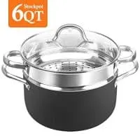 SHINEURI 6 Quart Nonstick Copper Stockpot with Lid, Deep stock pot with Stainless Steel Steamer Inset - Perfect for Soup, Stew, Roast, Pasta & Sauce, Suitable for Induction, Gas, Electric & Stovetops