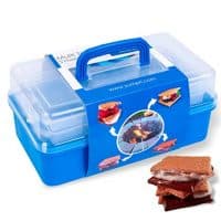 SUMPRI Smores Caddy with Two Folding Trays -Smore Box That Keeps Your Marshmallow Roasting Sticks/Crackers/Chocolate Bars Organized -Fire Pit Accessories Kit,Campfire Smore Skewers Storage Box (Blue)