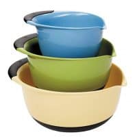 OXO 1169600 Good Grips 3-Piece Mixing Set, White Bowls with Blue/Green/Brown Handles, Yellow