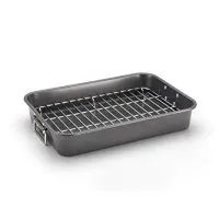 Farberware Nonstick Bakeware 11-Inch x 15-Inch Roaster with Flat Rack, Gray