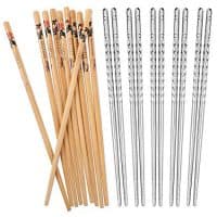 Hiware 10 Pairs Reusable Chopsticks Set Include 5 Pairs Metal Stainless Steel Spiral Chopsticks and 5 Pairs Natural Bamboo Chopsticks 8.8 Inches, Easy to Hold