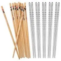 Hiware 10 Pairs Reusable Chopsticks Set Include 5 Pairs Metal Stainless Steel Spiral Chopsticks and 5 Pairs Natural Bamboo Chopsticks 8.8 Inches, Easy to Hold
