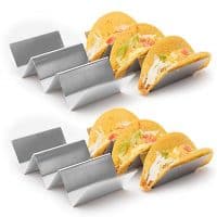 4 Pack - Stylish Stainless Steel Taco Holder Stand, Taco Truck Tray Style, Rack Holds Up to 3 Tacos Each, Oven Safe for Baking, Dishwasher and Grill Safe, 4” x 8”, by California Home Goods