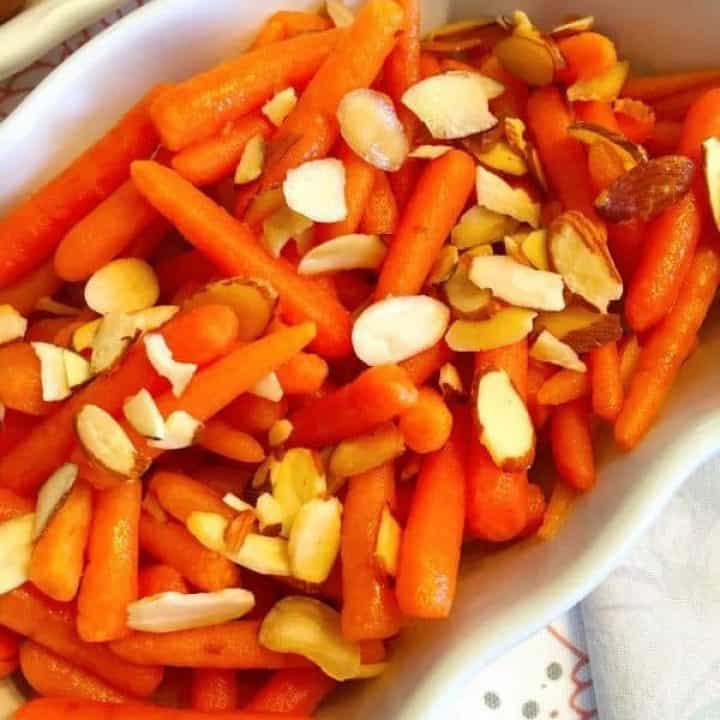 Bowl full of Glazed Amaretto Baby Carrots