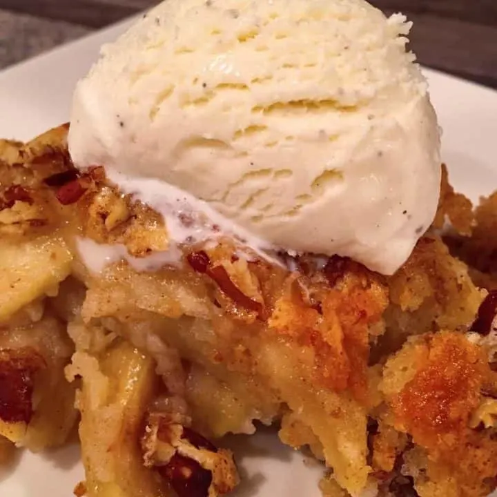Apple Pecan Cobbler topped with ice cream
