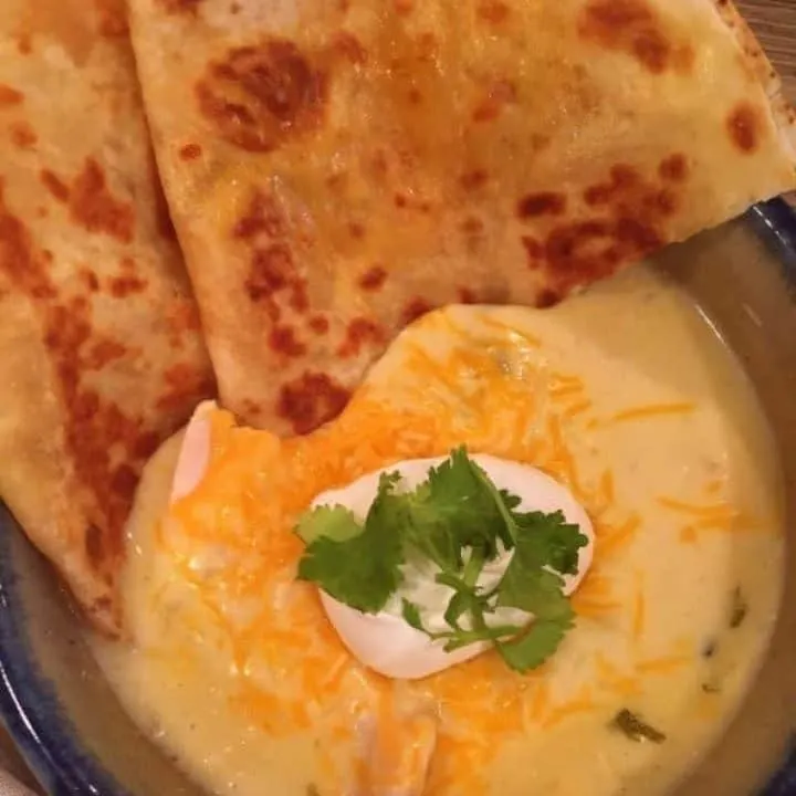 Chicken Enchilada Soup with Crispy Quesadillas