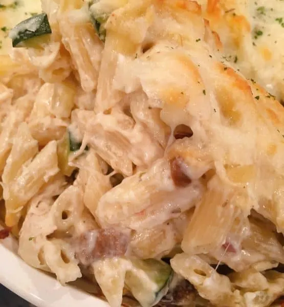 Cheesy serving of Chicken Zucchini Pasta Casserole