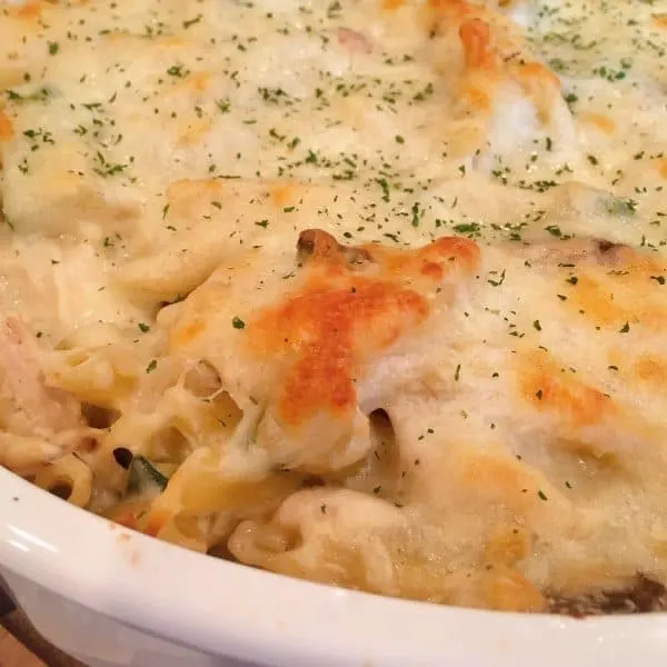 Chicken Zucchini Pasta Casserole baked to a golden brown