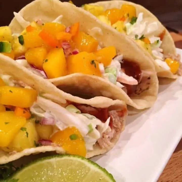 Island Tacos with mango pineapple salsa ready to eat