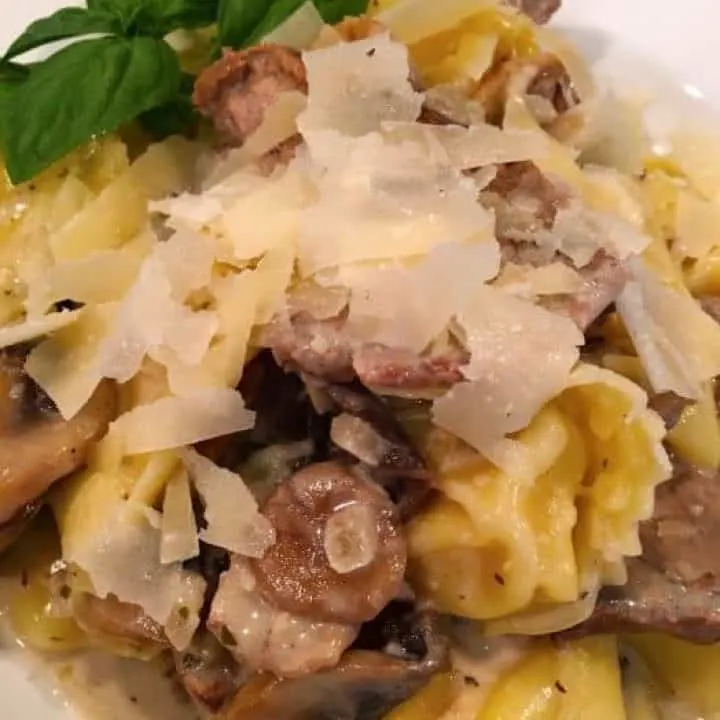 Steak and Mushroom Cream Sauce with Tortellini on a plate