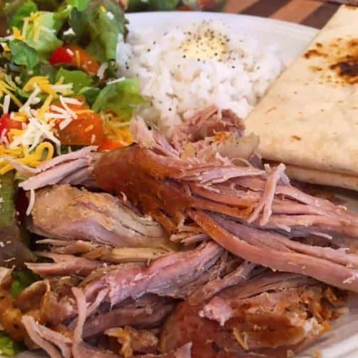 Pork Wrap Plates with shredded pork, green salad, steamed rice, and flour tortillas