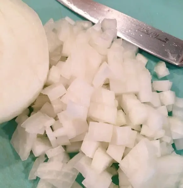 Cutting board and knife with cut up onion