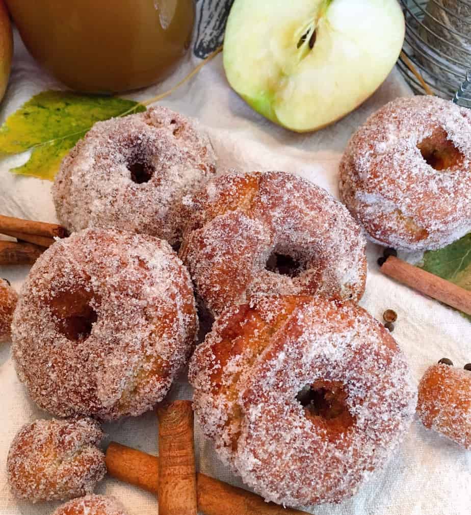 Group of Apple Cider Donuts with cinnamon sticks and apples