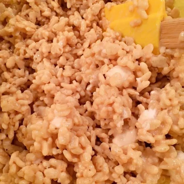 Stirring melted marshmallow mixture into rice krispies