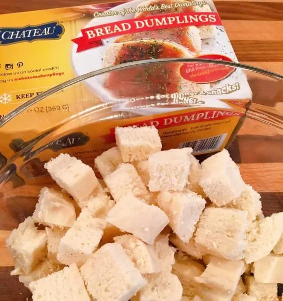 Chateau Bread Dumplings cubed and in a bowl