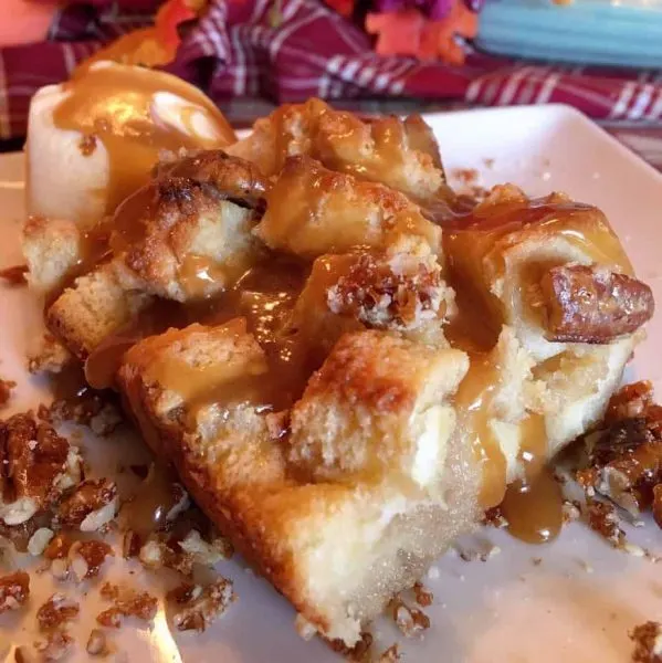 Slice of Easy Pecan Pie Bread Pudding with Salted Caramel Sauce
