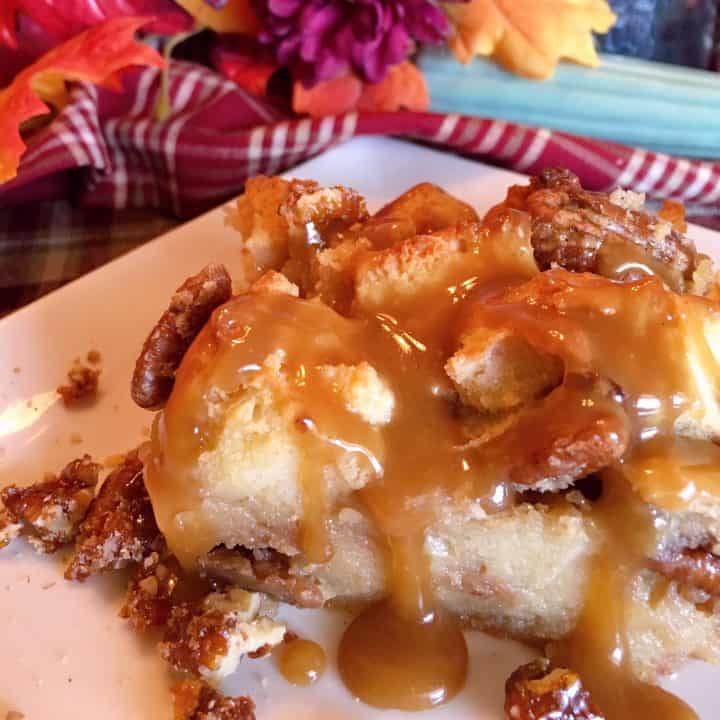 Slice of Easy Pecan Pie Bread Pudding with Salted Caramel Sauce drizzle