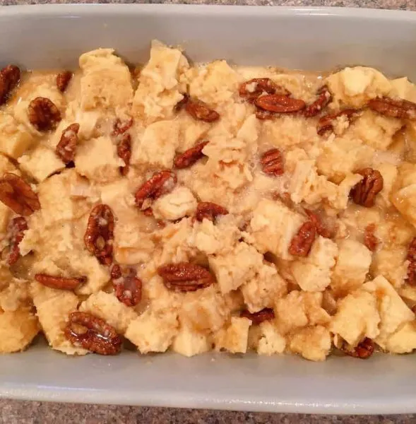 Bread Pudding in baking dish ready to go into the oven.