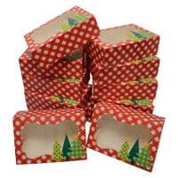 Christmas Cookie gift boxes; rectangular with clear window; colorful paperboard with holiday designs; set of 12 with 12 stickers for sealing (Gingham Trees - NO STICKERS)