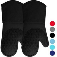 Silicone Oven Mitts with Quilted Cotton Lining - Professional Heat Resistant Potholder Kitchen Gloves - 1 Pair (Black) - Homwe