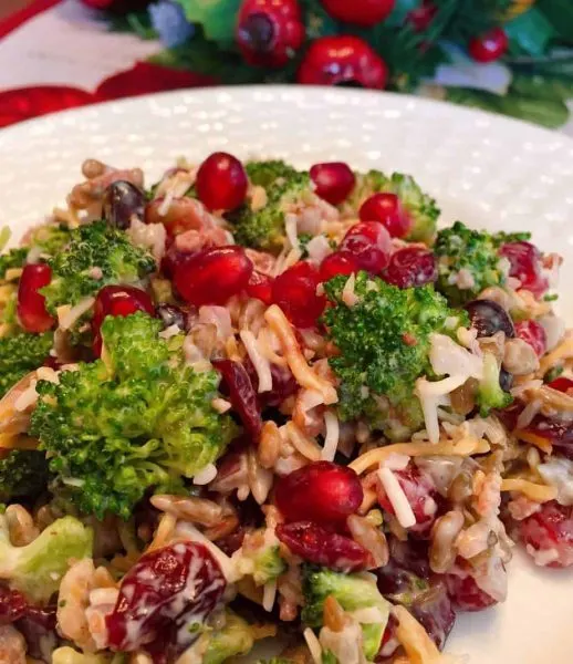 Broccoli, Cranberry, and Pomegranate Salad on serving plate