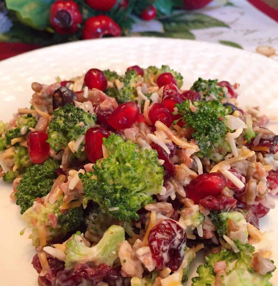 Broccoli Cranberry and Pomegranate Salad served on a salad plate