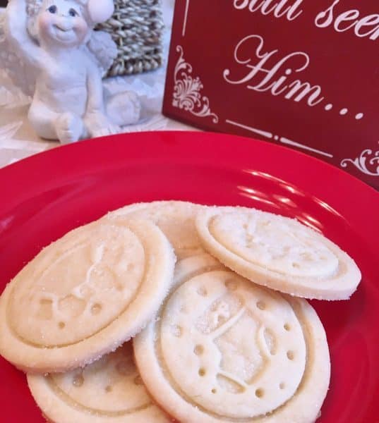 Plate full of stamped shortbread cookies